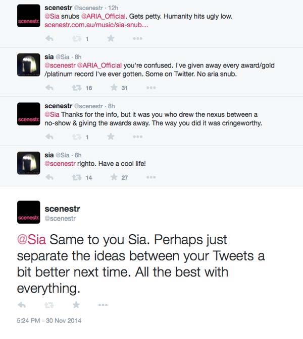 Sia Tweet Aria Response